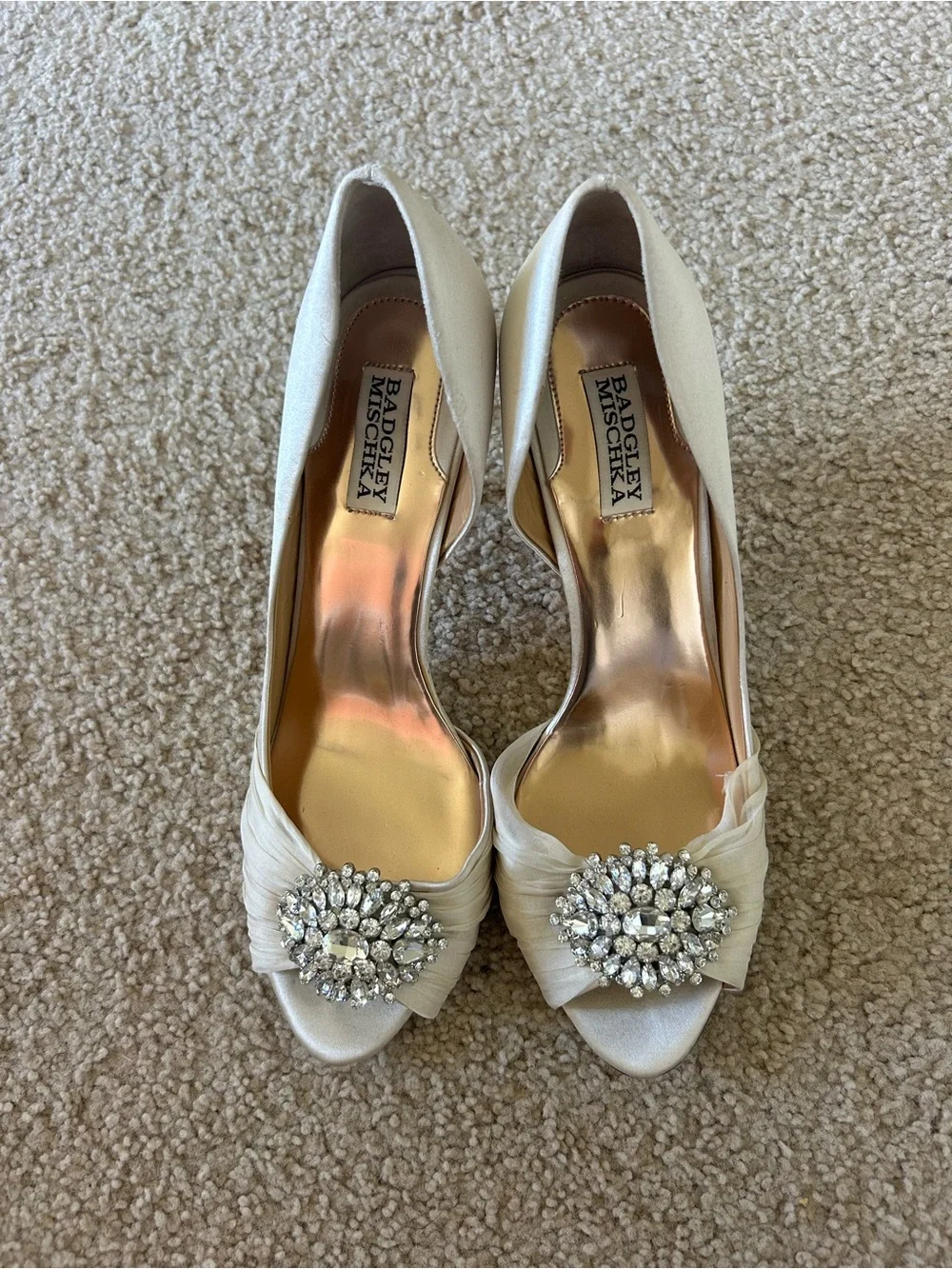 Badgley Mischka Ivory Satin Peep-Toe Heels with Crystal Brooch